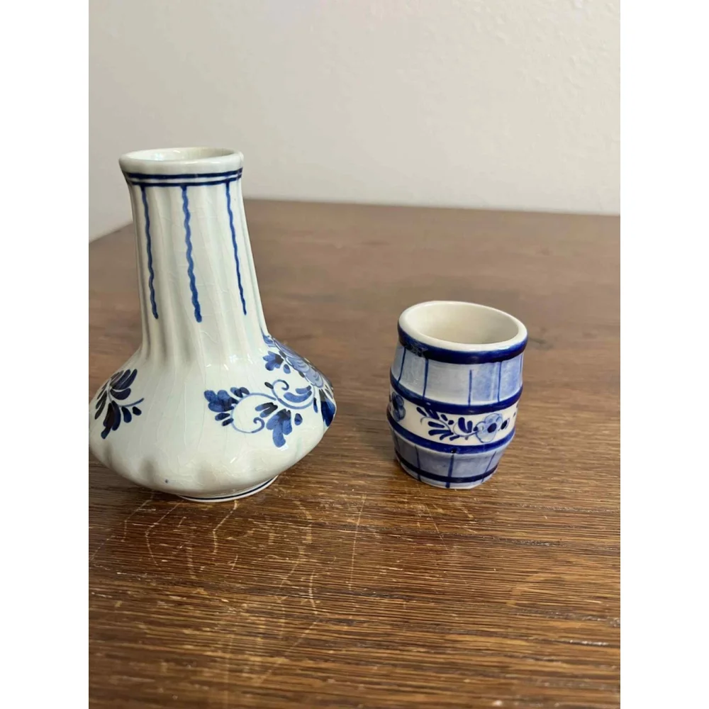 Vintage Hand Painted Delft Blue Vase & Miniature Barrel Cup Holland Pottery Set